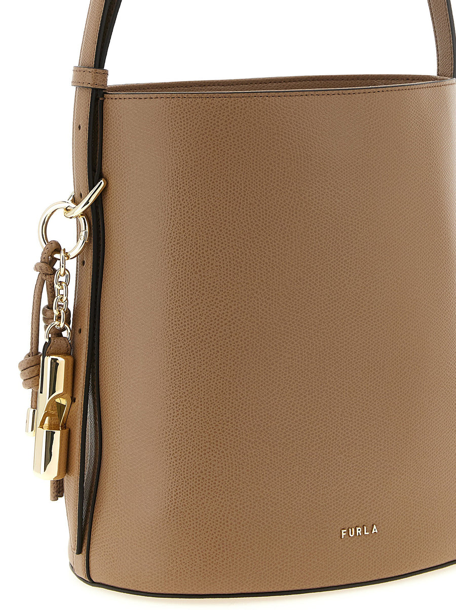 Furla Roxie Small Bucket Bag Beige Calfskin Leather For Women With Secure Magnetic Closure