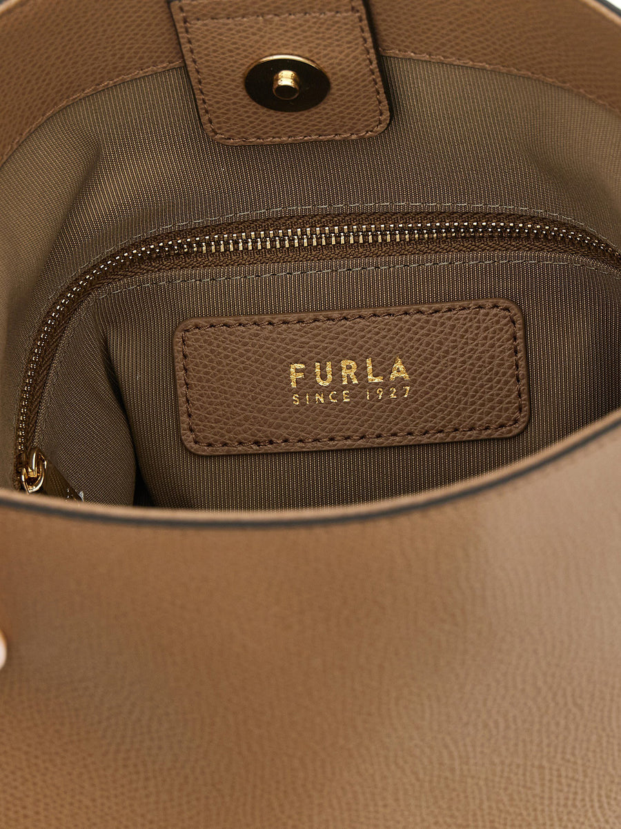 Furla Roxie Small Bucket Bag Beige Calfskin Leather For Women With Secure Magnetic Closure