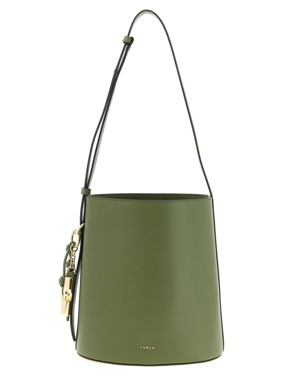 Furla Roxie Small Green Bucket Bag Calfskin Leather With Grain Texture And Metal Logo For Women