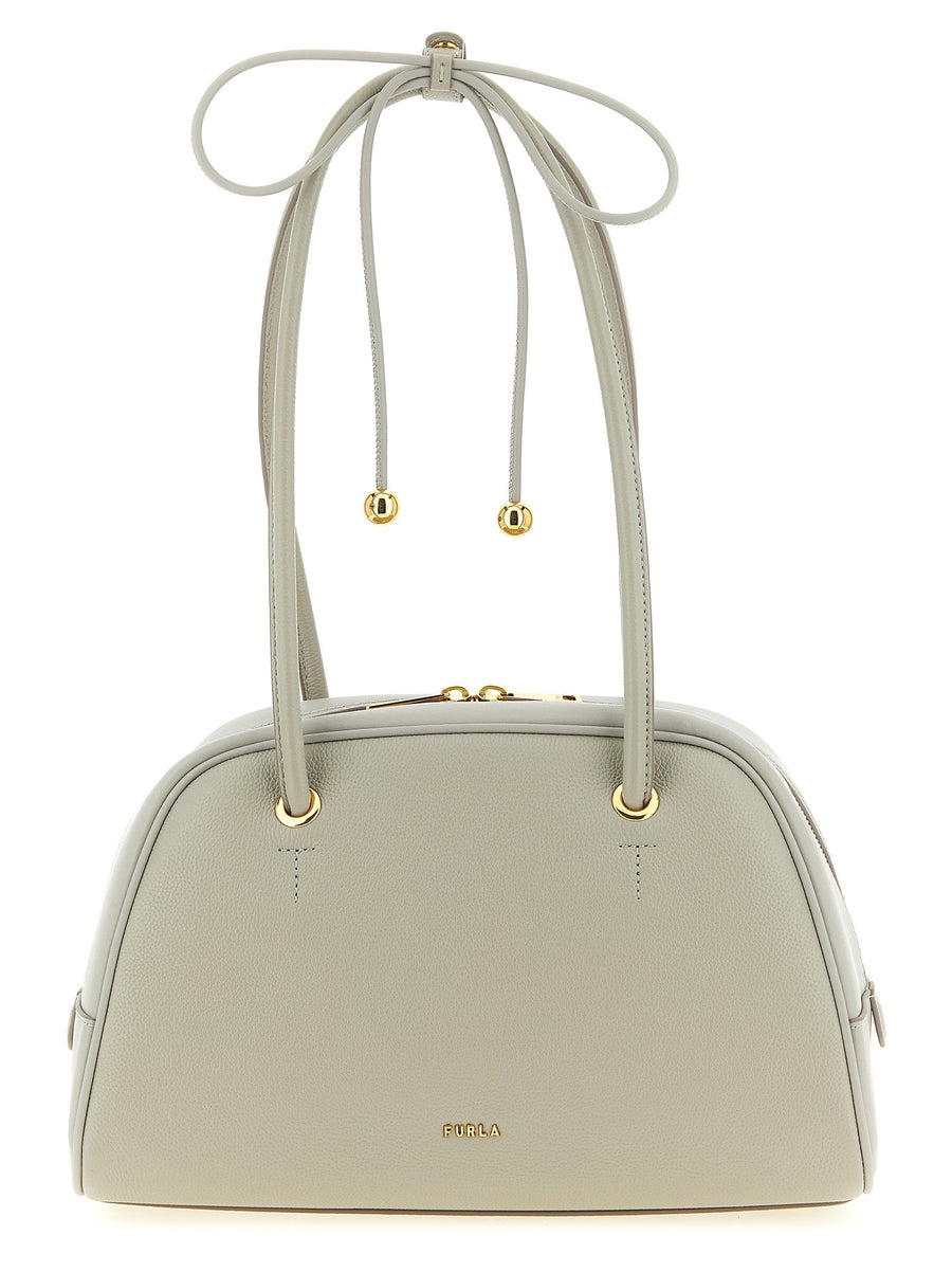 Furla Poppy M Gray Calfskin Leather Dome Handbag With Top Knot