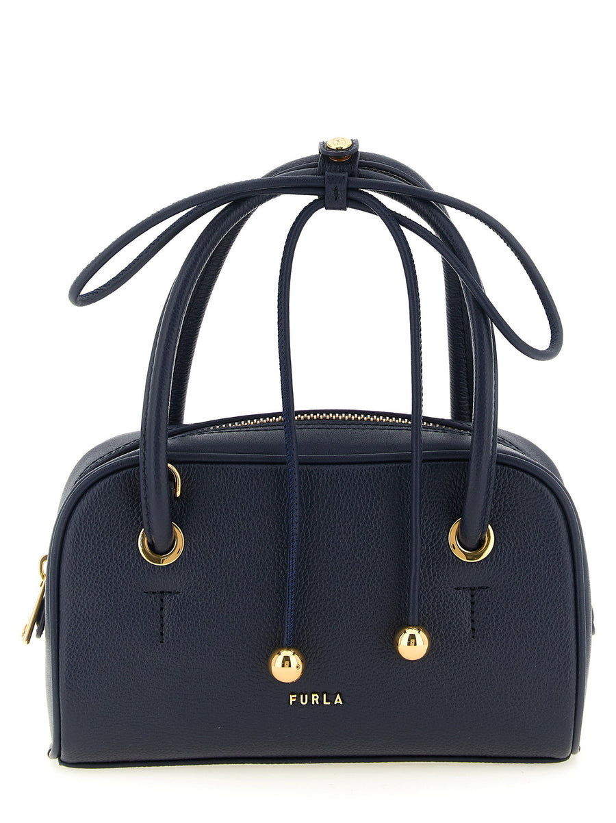 Furla Poppy S Navy Blue Calfskin Leather Handbag Gold Hardware