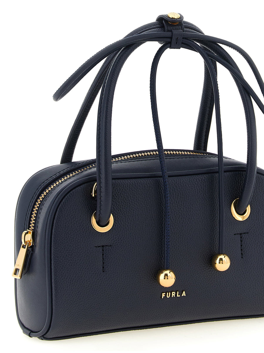 Furla Poppy S Navy Blue Calfskin Leather Handbag Gold Hardware