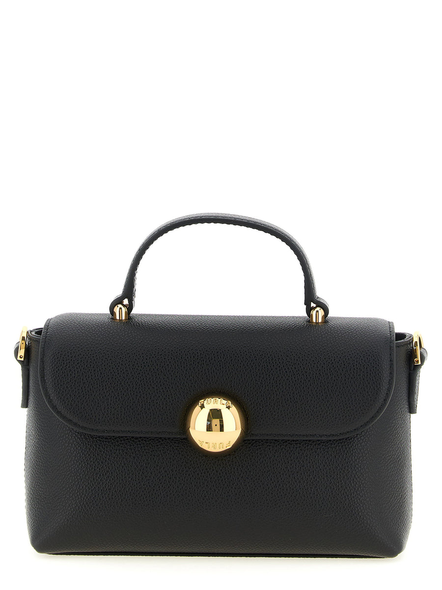 Furla Moonlight Hammered Calfskin Handbag Black Gold Ball Closure