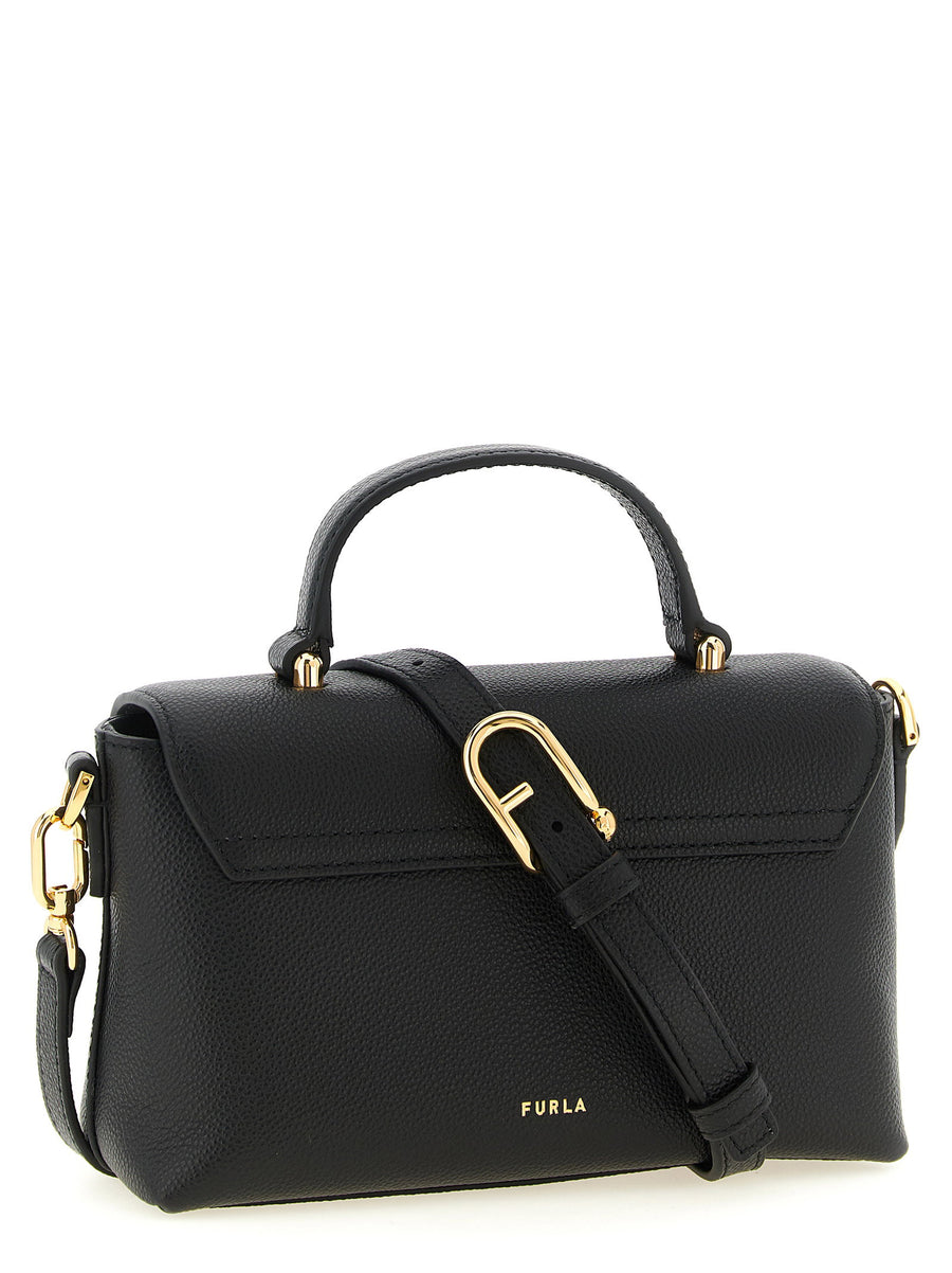 Furla Moonlight Hammered Calfskin Handbag Black Gold Ball Closure