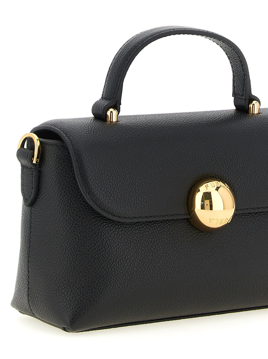 Furla Moonlight Hammered Calfskin Handbag Black Gold Ball Closure