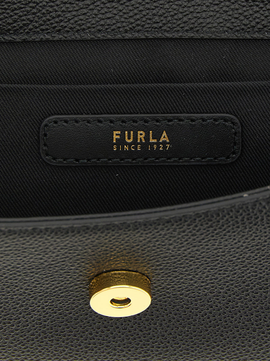 Furla Moonlight Hammered Calfskin Handbag Black Gold Ball Closure