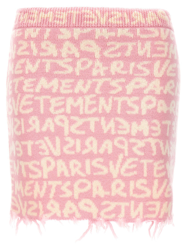 Vetements Graffiti Monogram Merino Wool Skirt Pink Elastic Waist Frayed Hem For Women