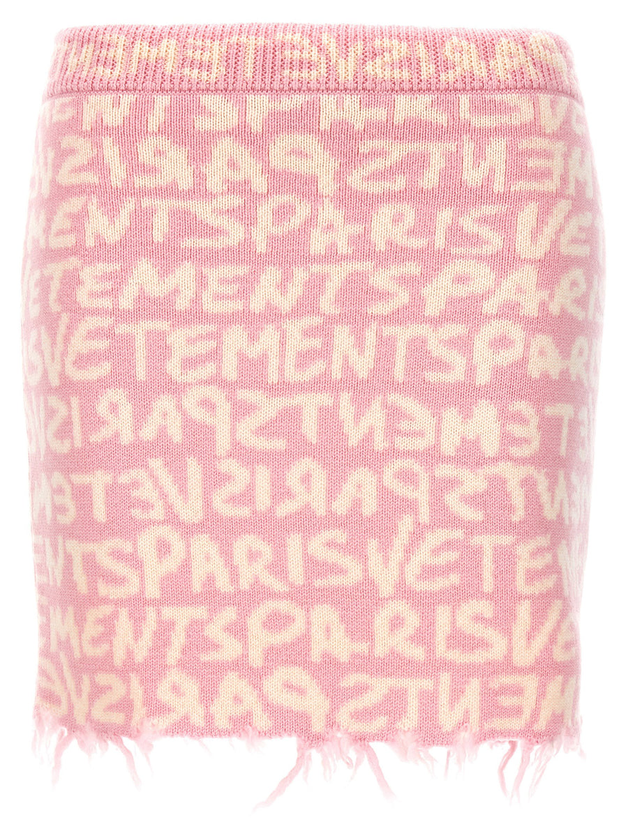 Vetements Graffiti Monogram Merino Wool Skirt Pink Elastic Waist Frayed Hem For Women