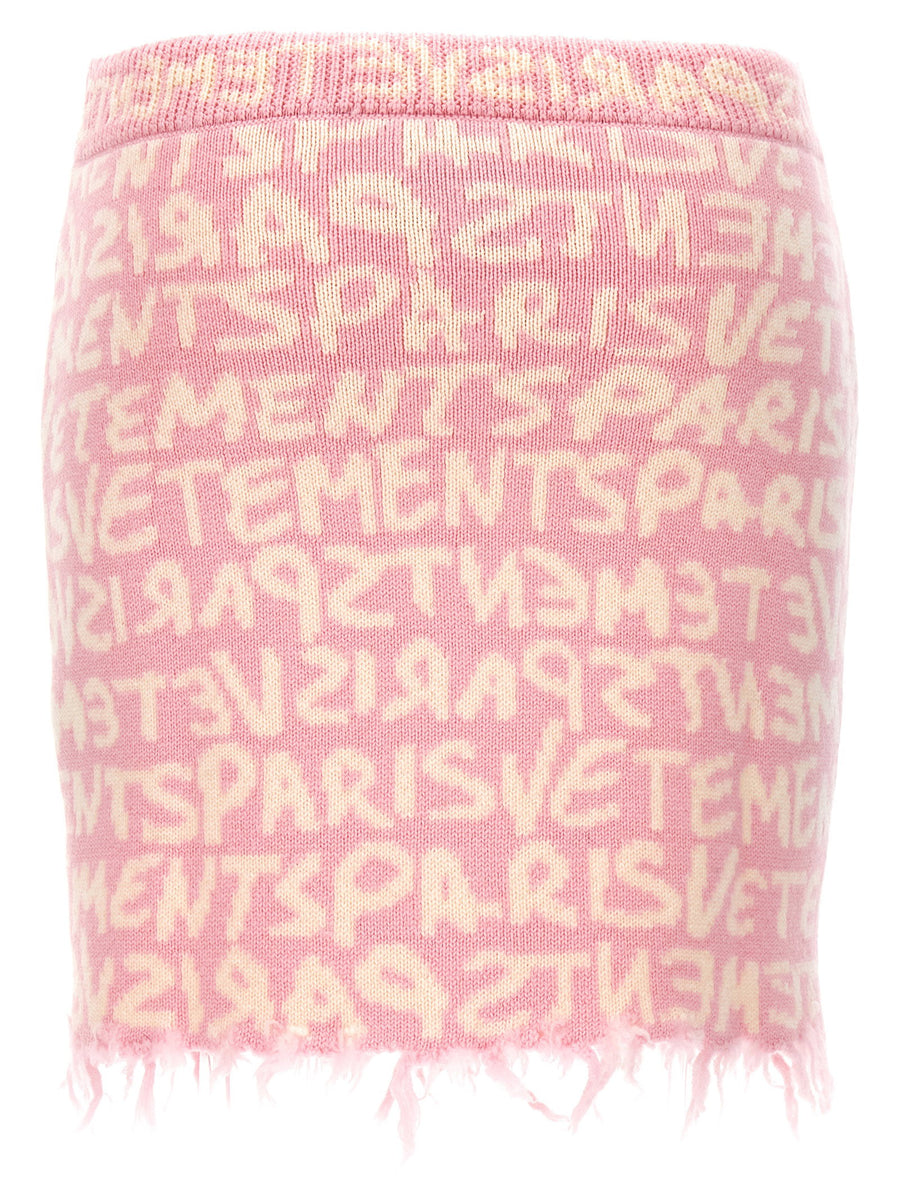 Vetements Graffiti Monogram Merino Wool Skirt Pink Elastic Waist Frayed Hem For Women