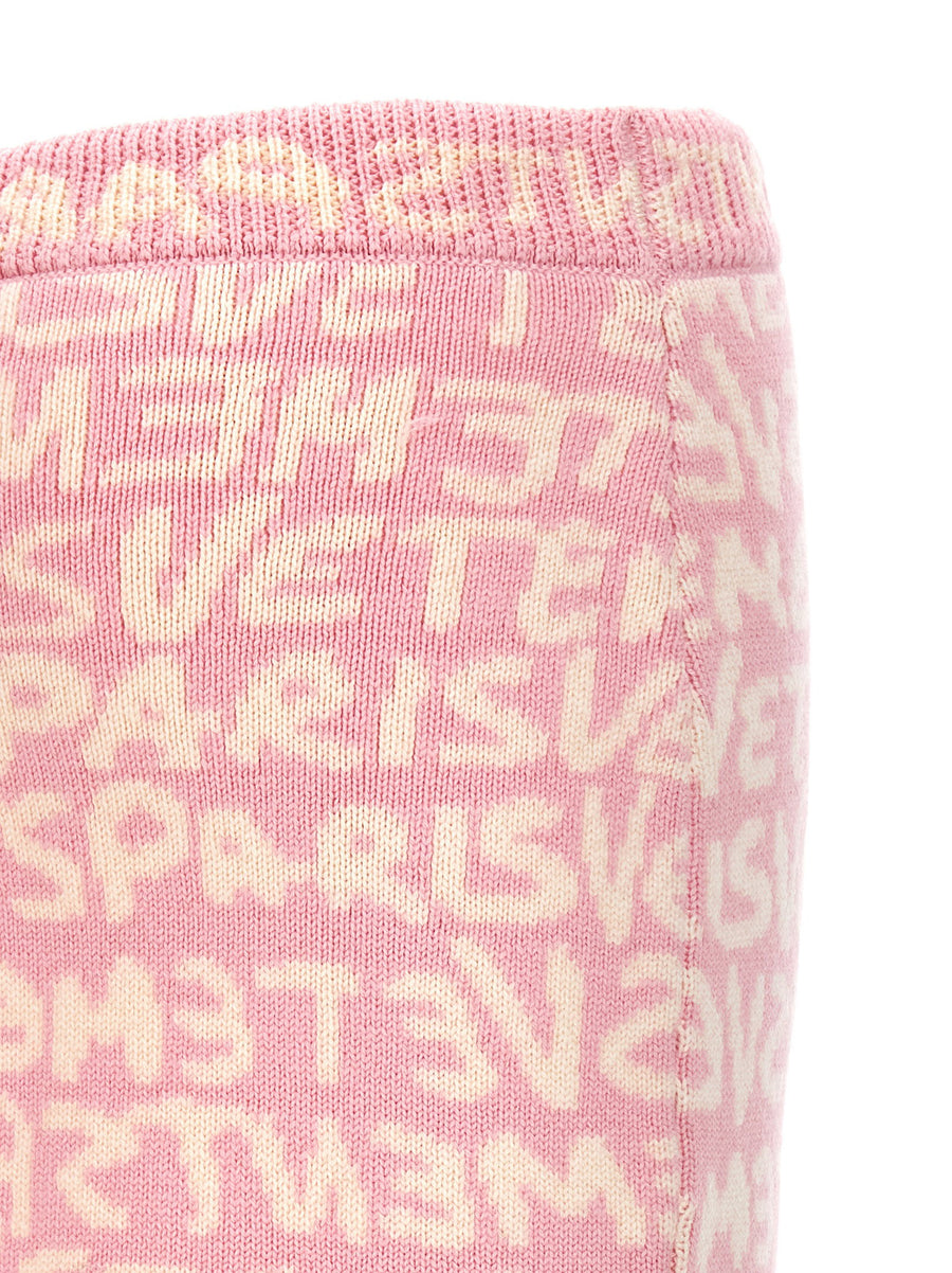 Vetements Graffiti Monogram Merino Wool Skirt Pink Elastic Waist Frayed Hem For Women