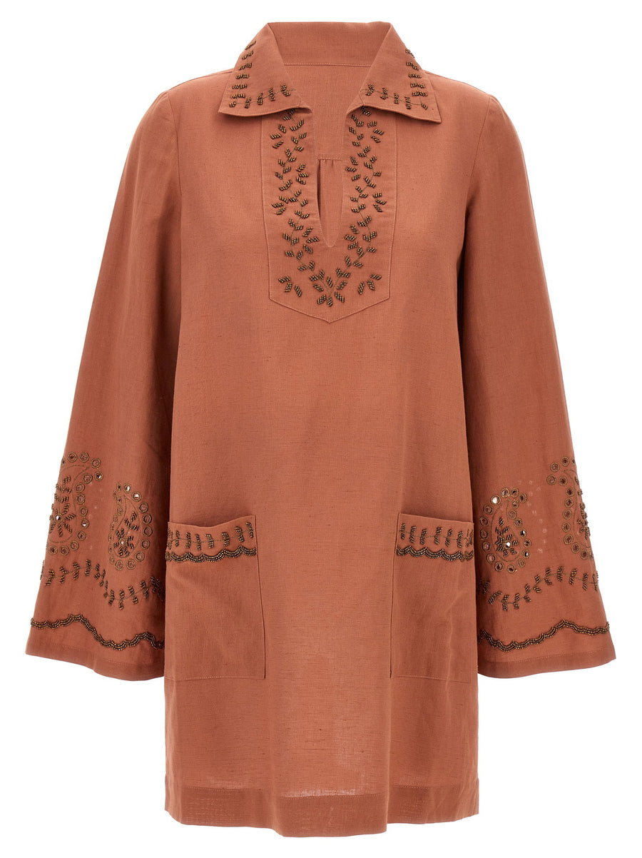 Fortela Genevieve Dress for Women Bordeaux 100% Cotton With Beaded Appliqué V Neck Collar Front Pockets