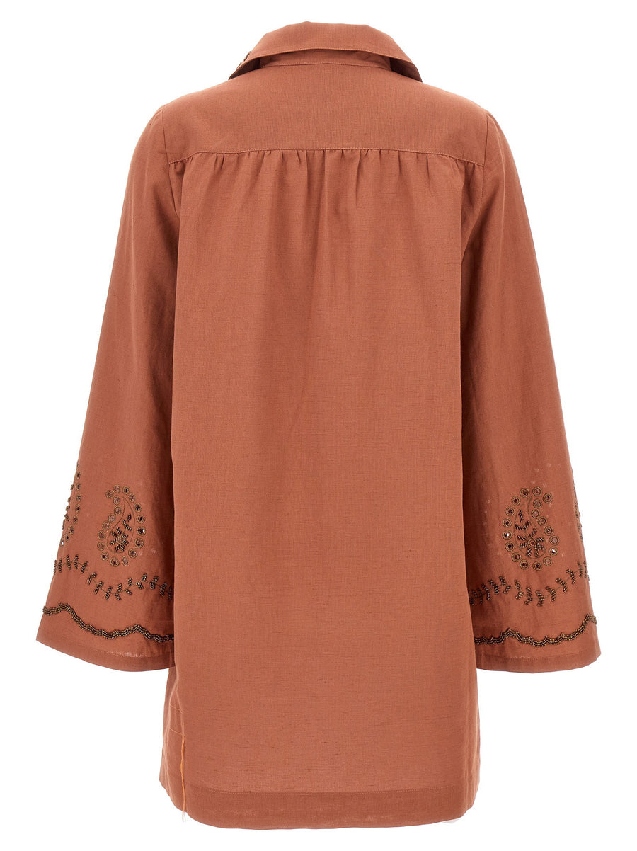 Fortela Genevieve Dress for Women Bordeaux 100% Cotton With Beaded Appliqué V Neck Collar Front Pockets