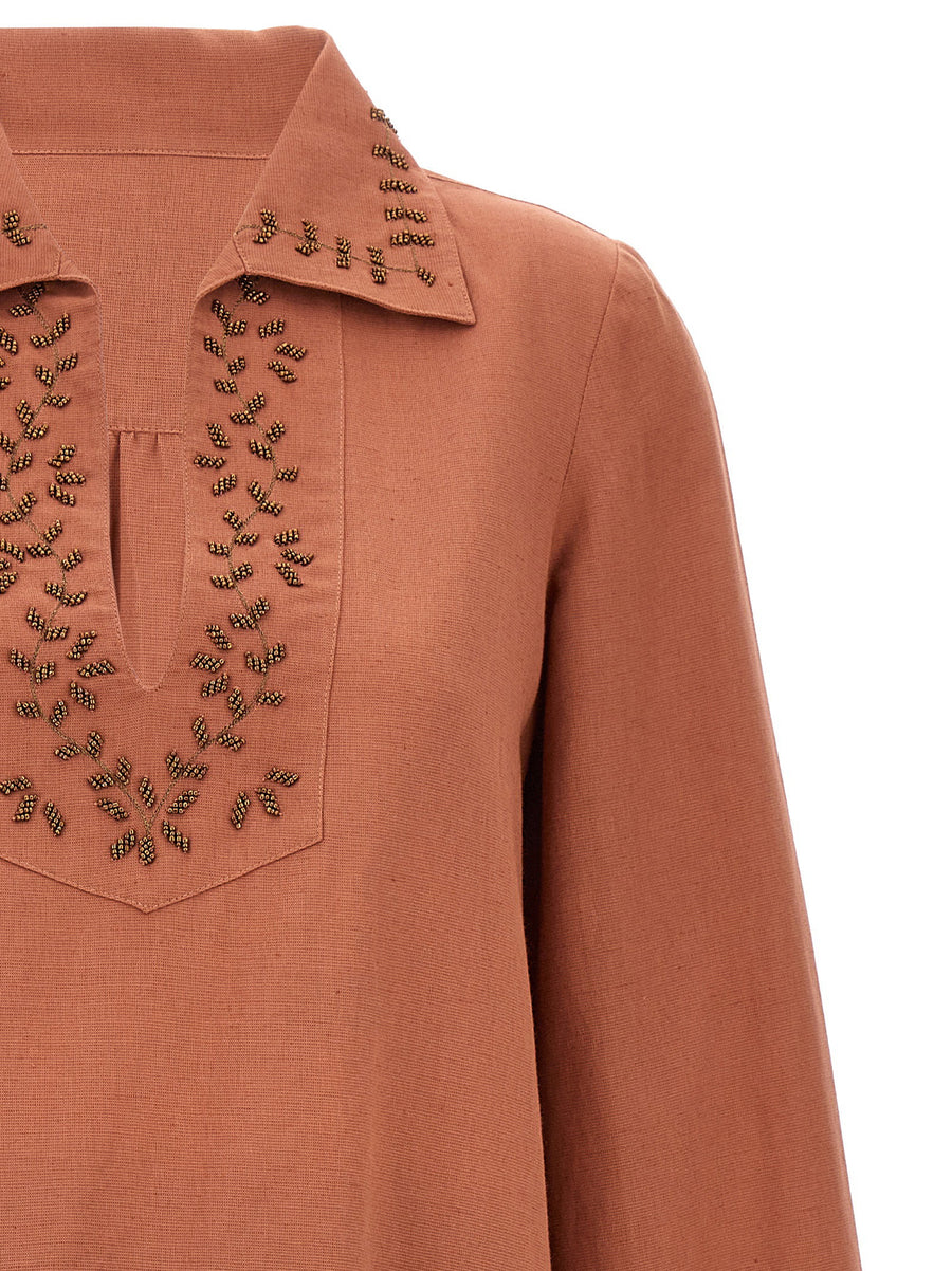 Fortela Genevieve Dress for Women Bordeaux 100% Cotton With Beaded Appliqué V Neck Collar Front Pockets