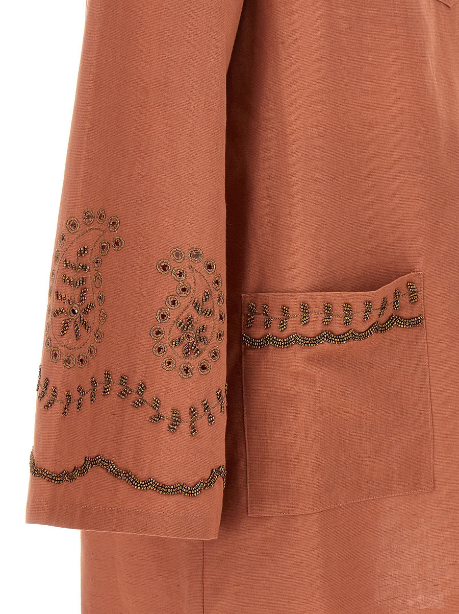 Fortela Genevieve Dress for Women Bordeaux 100% Cotton With Beaded Appliqué V Neck Collar Front Pockets