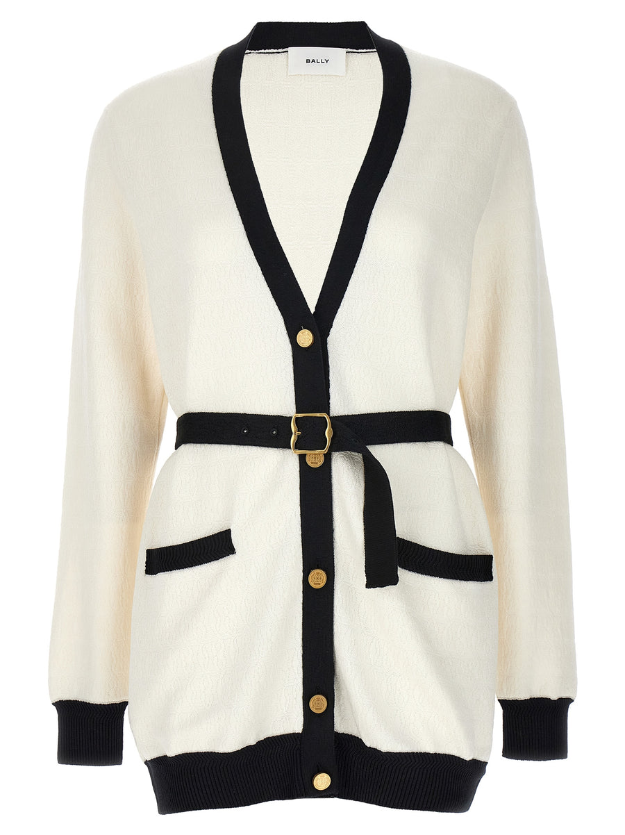 Bally Luxurious Jacquard Logo Cardigan For Women White Black Viscose Blend With Allover Logo Texture