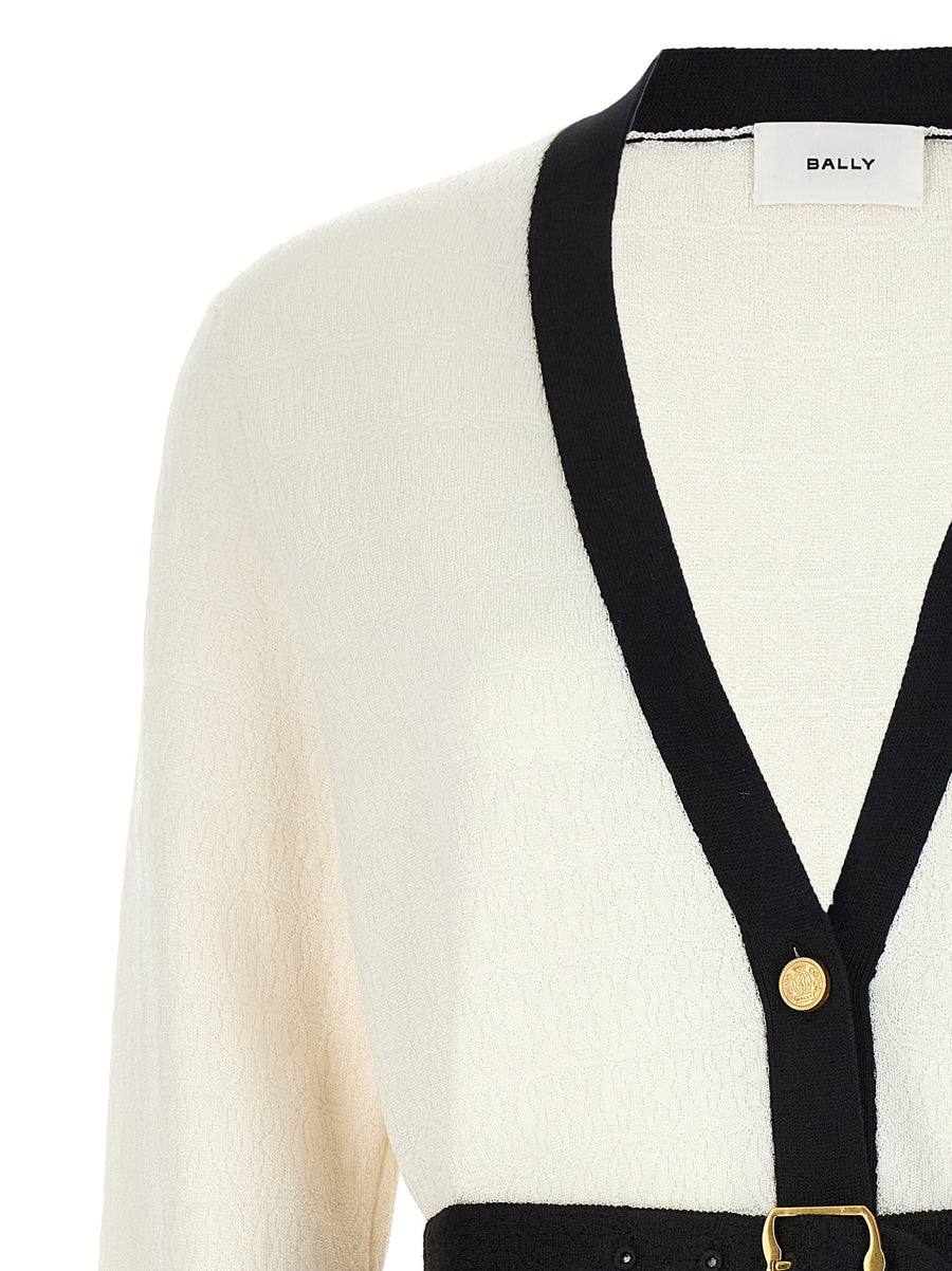 Bally Luxurious Jacquard Logo Cardigan For Women White Black Viscose Blend With Allover Logo Texture