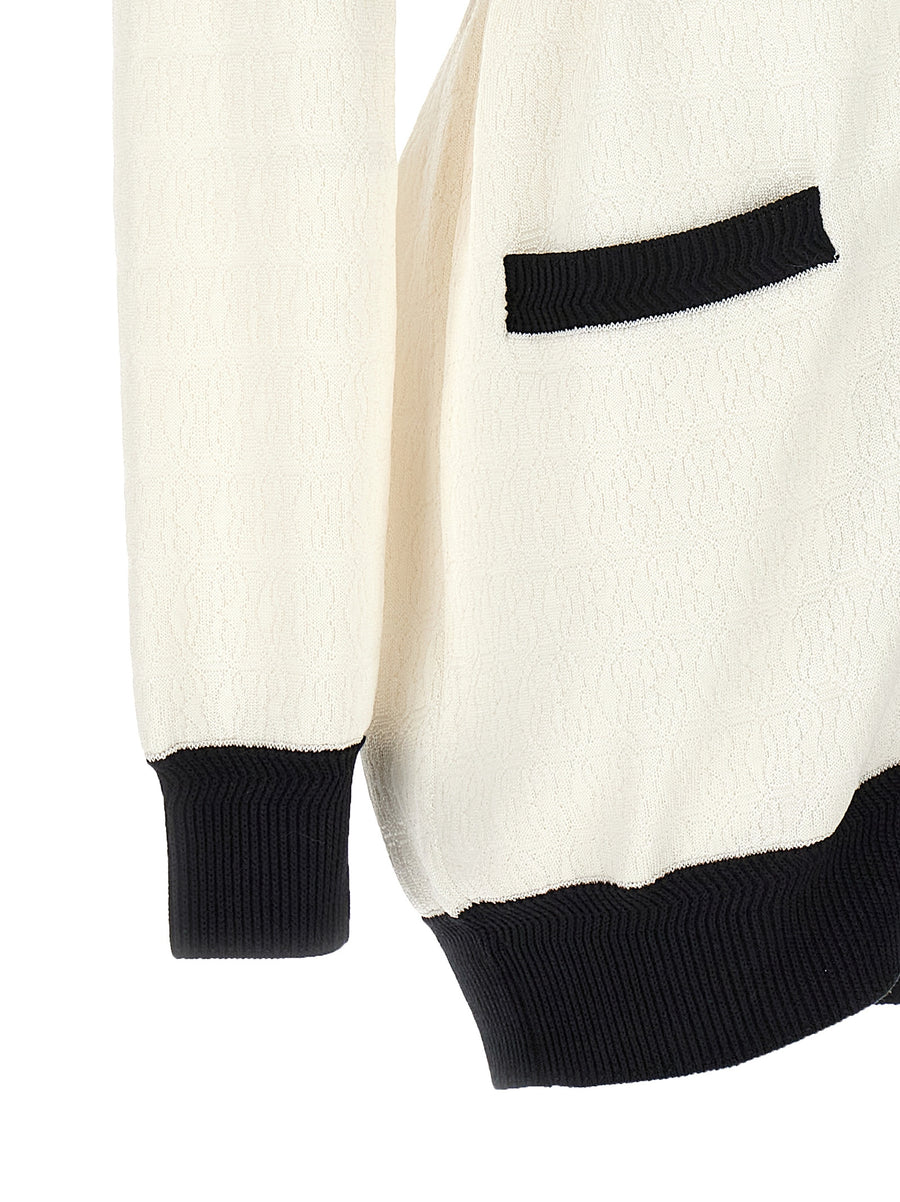 Bally Luxurious Jacquard Logo Cardigan For Women White Black Viscose Blend With Allover Logo Texture