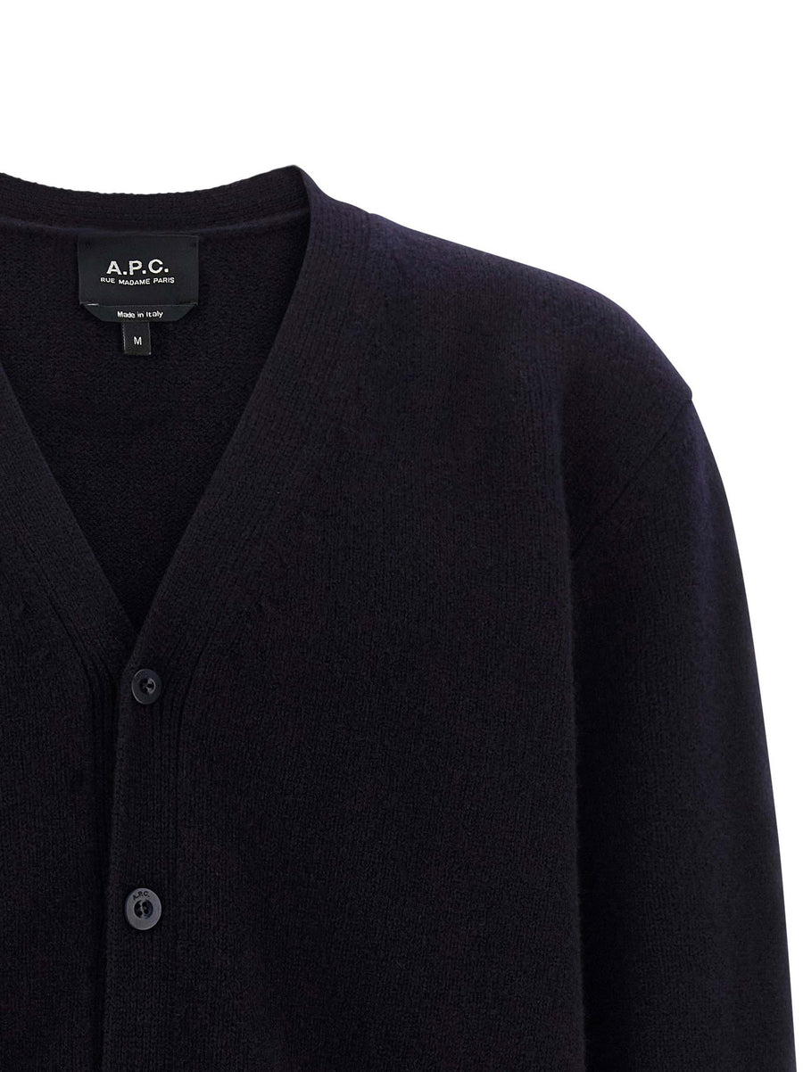 A.p.c. Kevin Cardigan Pure Wool Midnight Blue V Neck Front Closure
