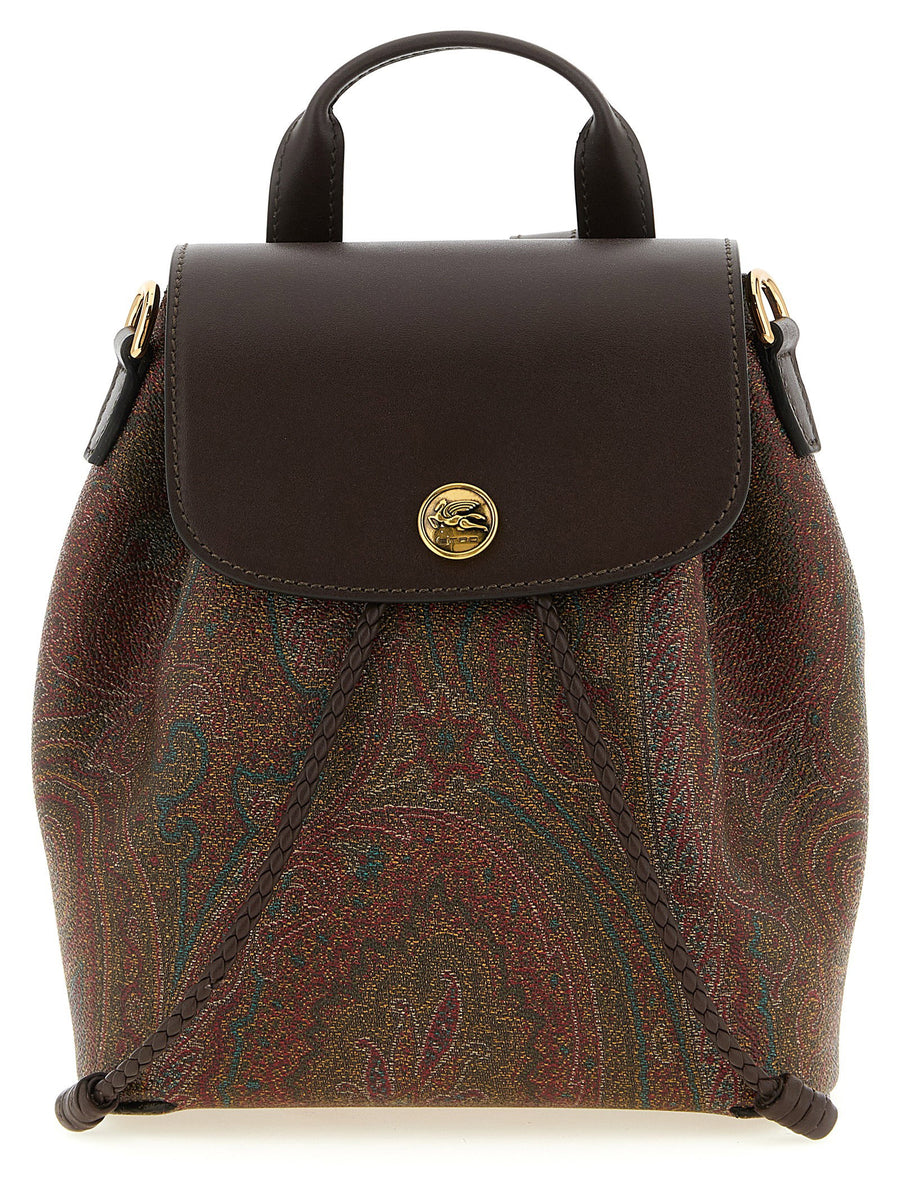 Etro Essential Small Backpack For Women With Paisley Jacquard Canvas And Leather Trim