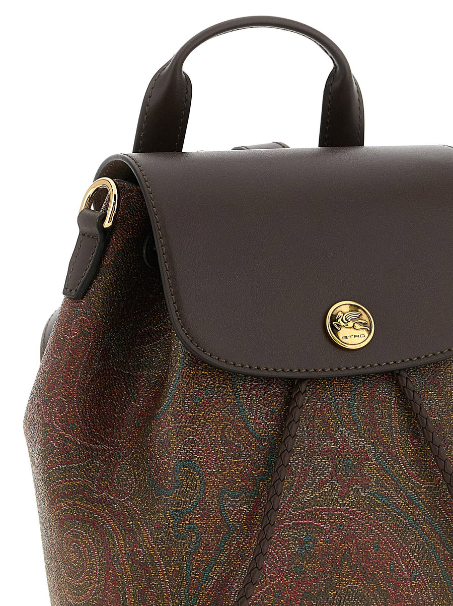 Etro Essential Small Backpack For Women With Paisley Jacquard Canvas And Leather Trim