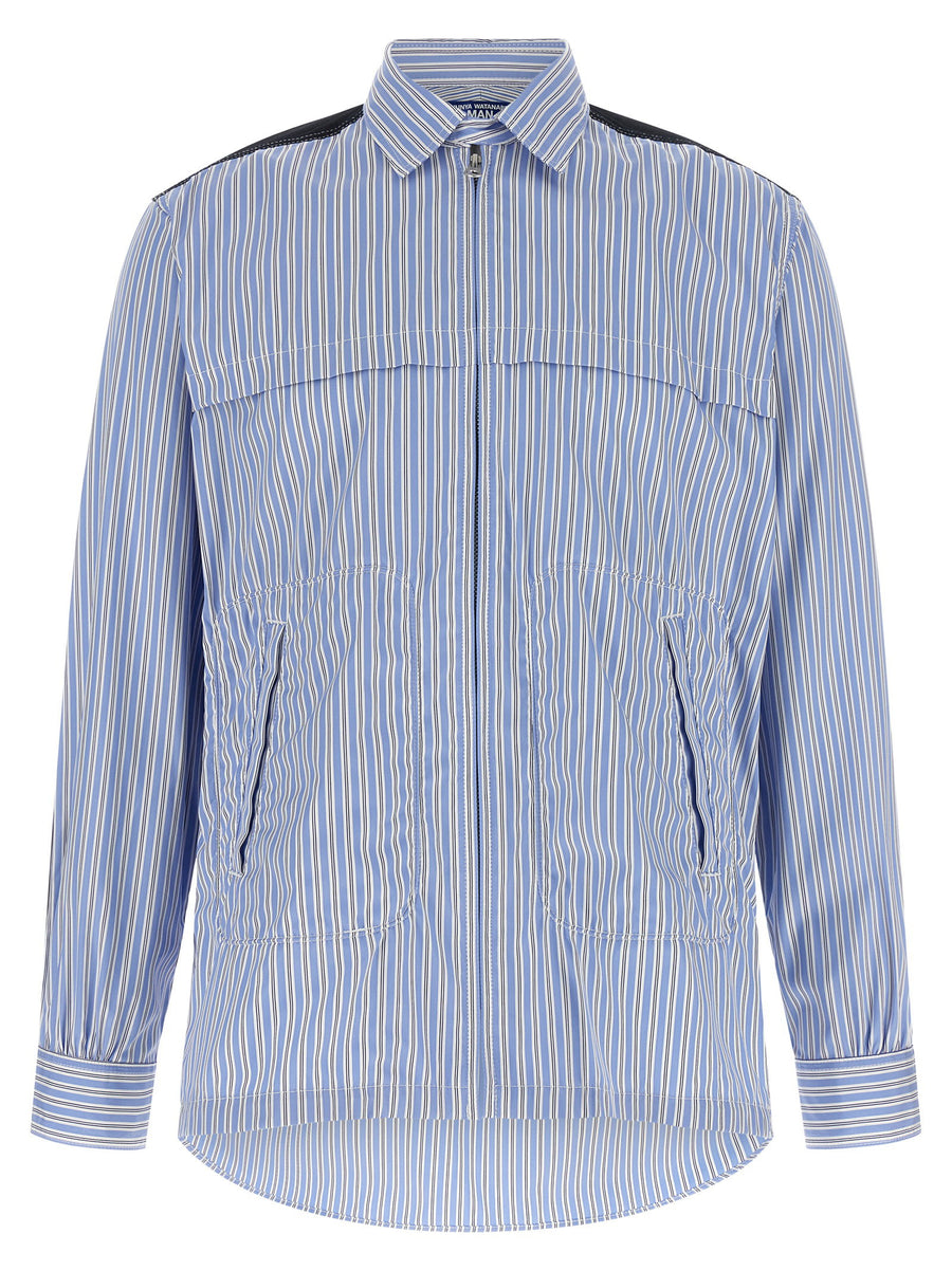 Junya Watanabe Denim Insert Shirt With Front Zip And Contrast Panels In Light Blue For Modern Men