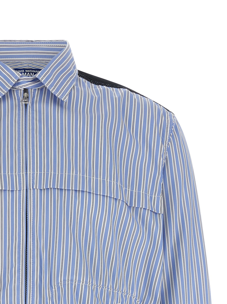 Junya Watanabe Denim Insert Shirt With Front Zip And Contrast Panels In Light Blue For Modern Men