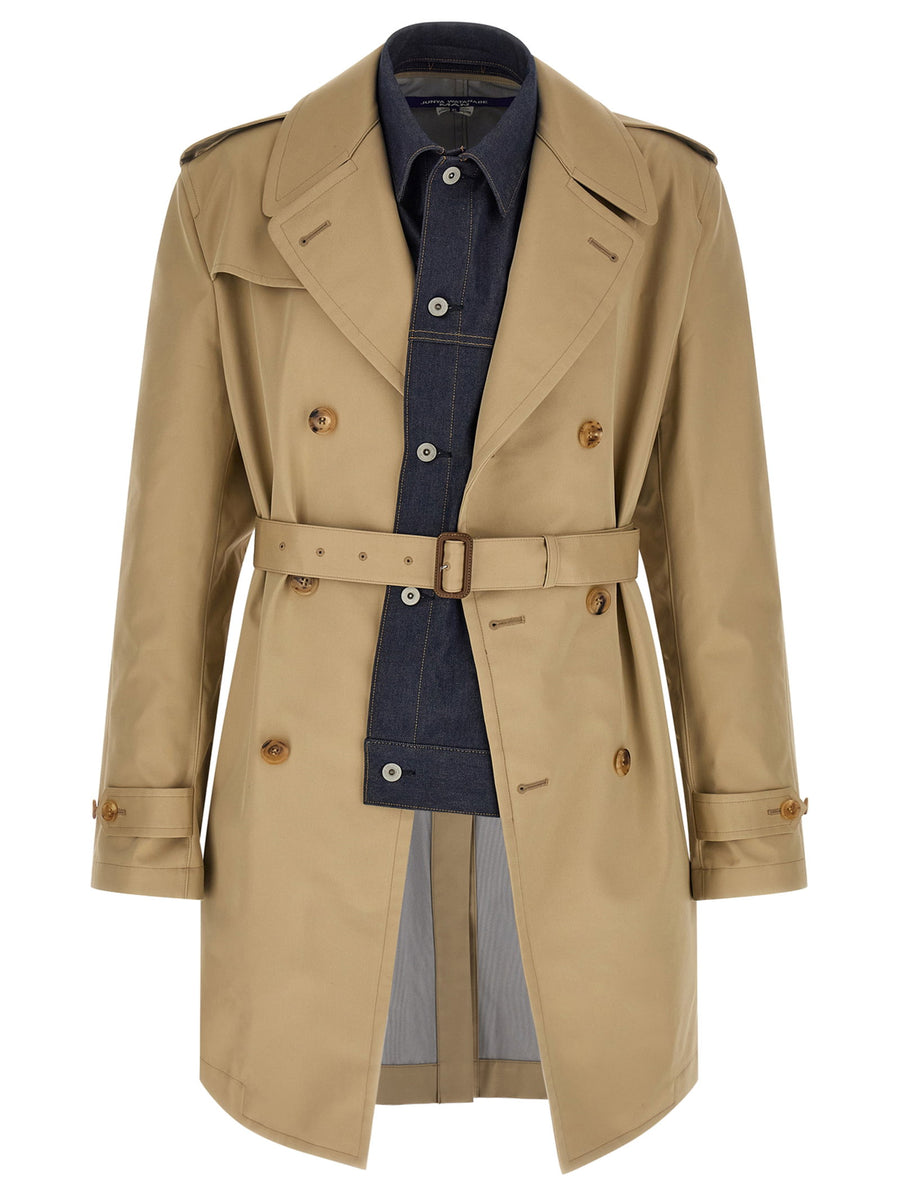 Junya Watanabe Denim Insert Trench Coat Double Breasted Front Denim Insert Luxury For Men Urban Style