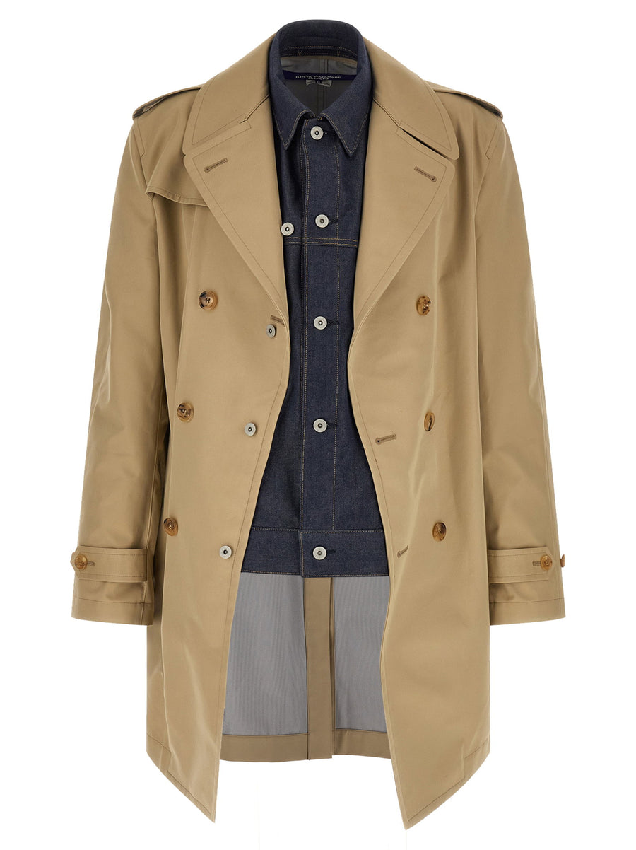 Junya Watanabe Denim Insert Trench Coat Double Breasted Front Denim Insert Luxury For Men Urban Style