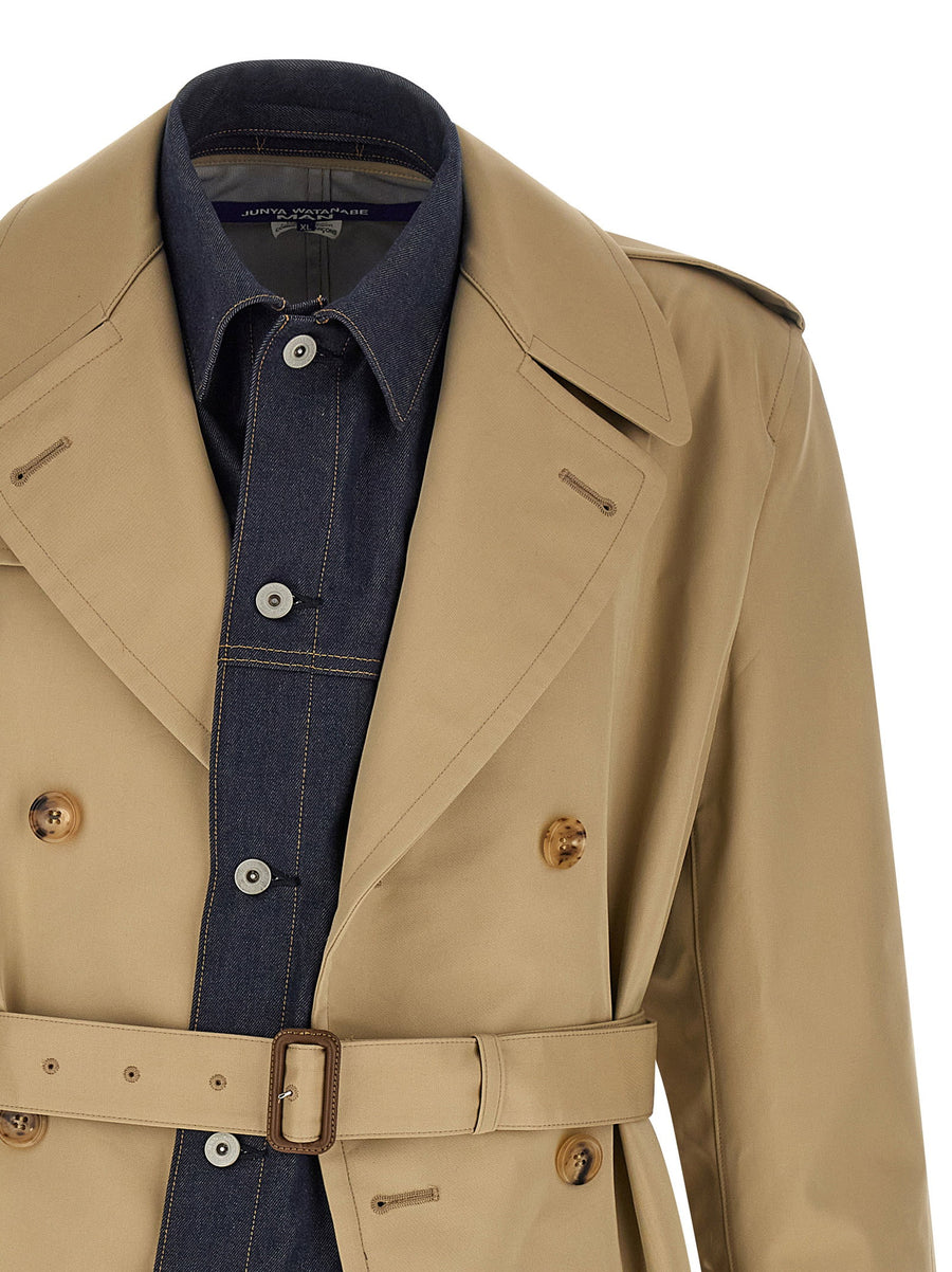 Junya Watanabe Denim Insert Trench Coat Double Breasted Front Denim Insert Luxury For Men Urban Style