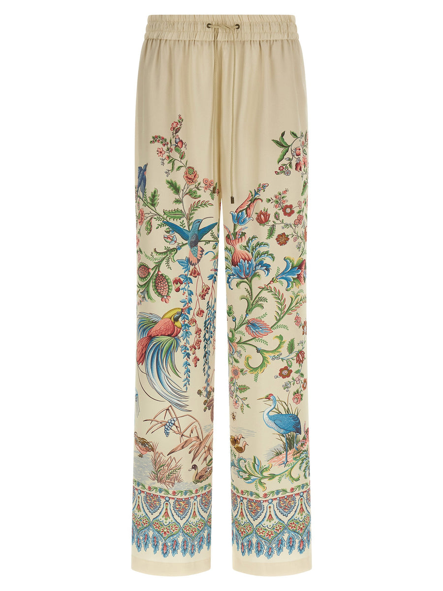 Etro Flora And Fauna Printed Trousers For Women With Wide Leg High Waist Elastic Drawstring Pockets