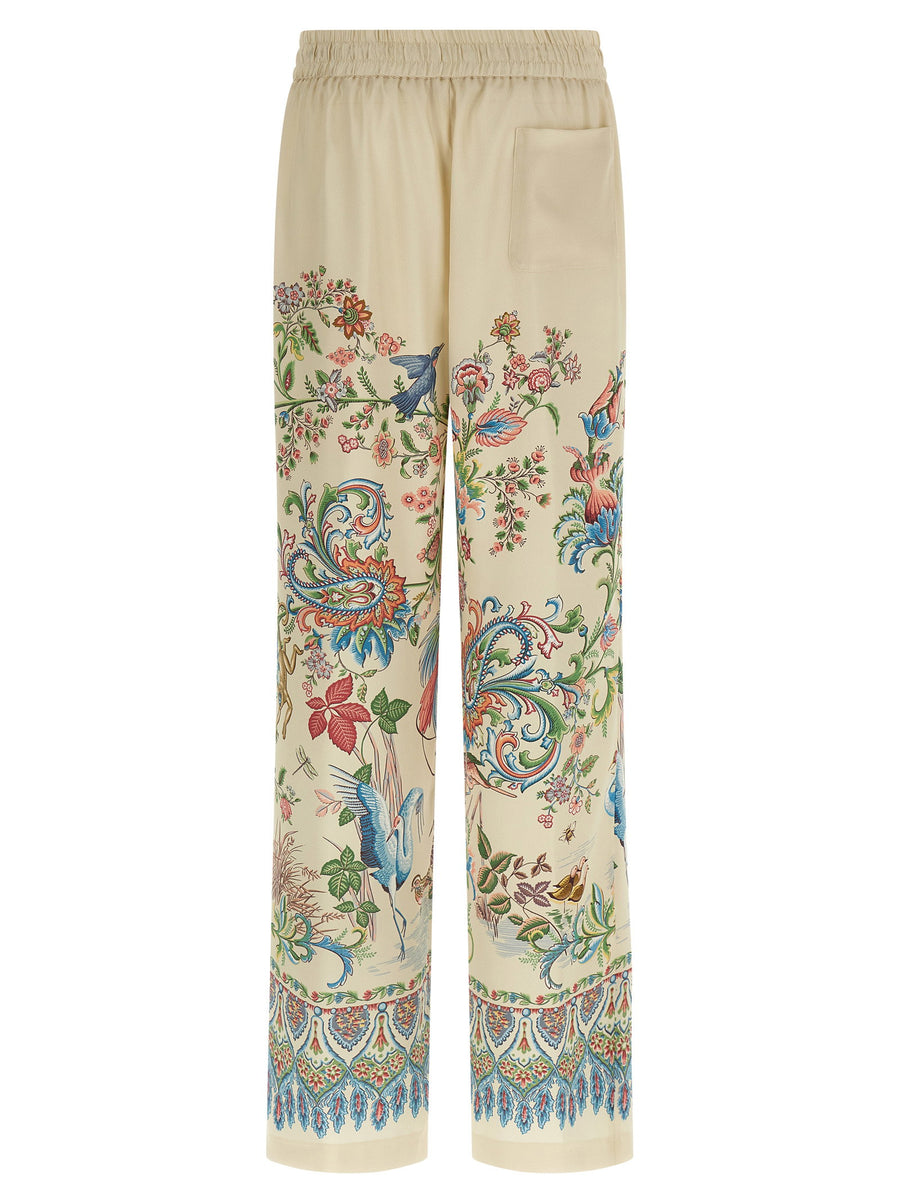 Etro Flora And Fauna Printed Trousers For Women With Wide Leg High Waist Elastic Drawstring Pockets