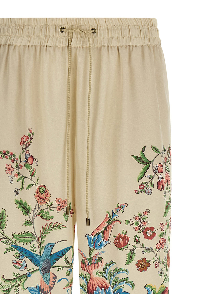 Etro Flora And Fauna Printed Trousers For Women With Wide Leg High Waist Elastic Drawstring Pockets