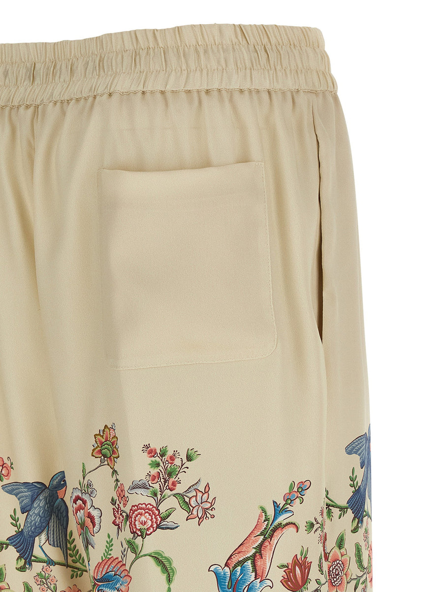 Etro Flora And Fauna Printed Trousers For Women With Wide Leg High Waist Elastic Drawstring Pockets