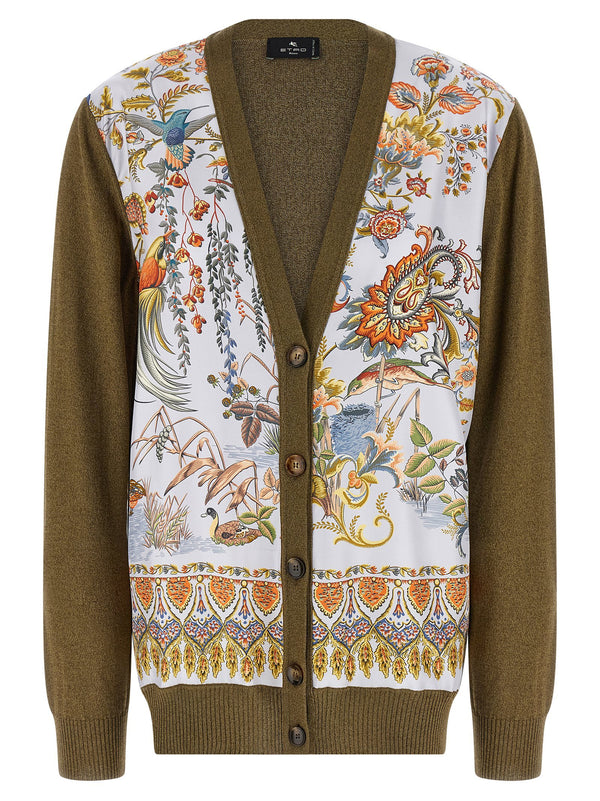Etro Paisley Silk Insert Cardigan For Women Luxury Foliage Front Detail In Green
