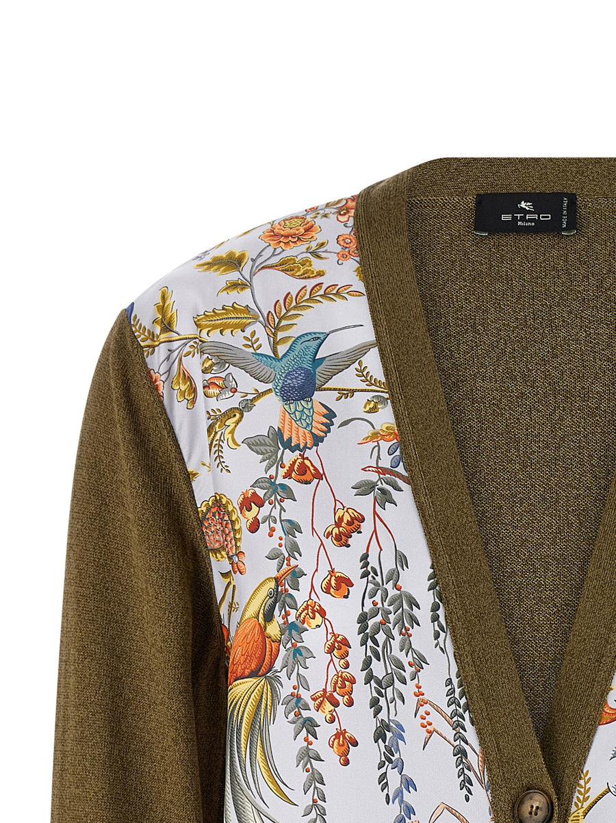 Etro Paisley Silk Insert Cardigan For Women Luxury Foliage Front Detail In Green