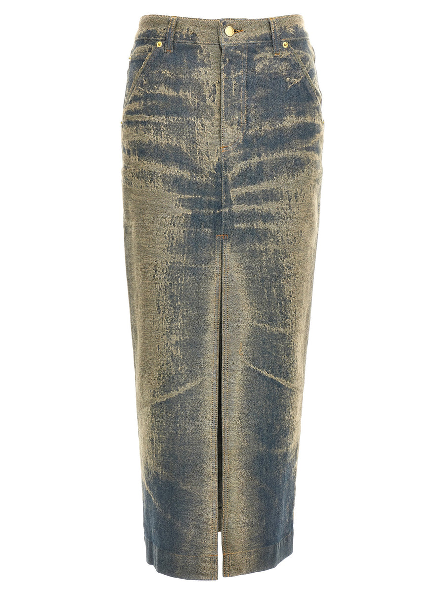 Darkpark Erika Denim Skirt for Women With Front and Back Maxi Split, Five Pockets, Zip Button Closure