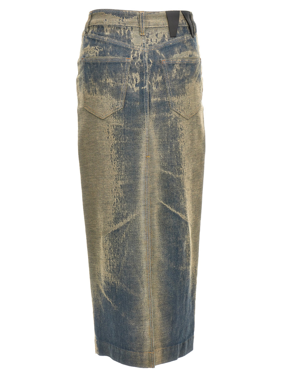 Darkpark Erika Denim Skirt for Women With Front and Back Maxi Split, Five Pockets, Zip Button Closure