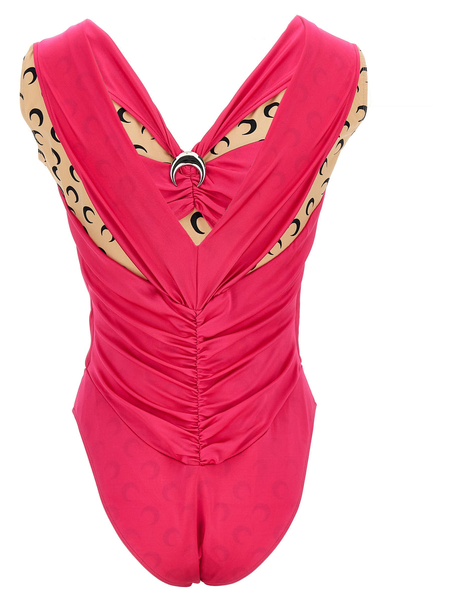 Marine Serre Logo Bodysuit For Women Bold Patchwork Allover Logo Print Coated Finish Moon Brooch