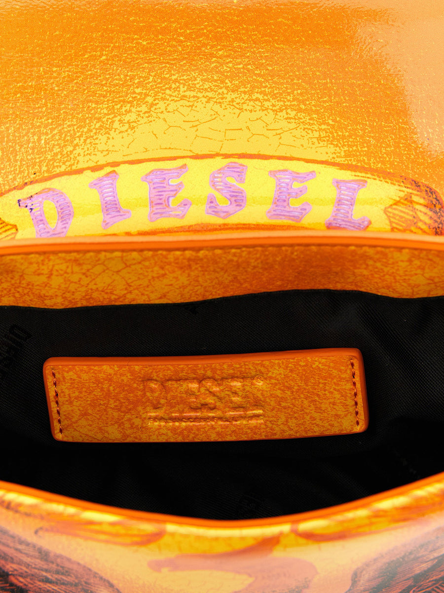 Diesel Play Crossbody Bag Orange Details Glossy Craquele Finish Animal Print
