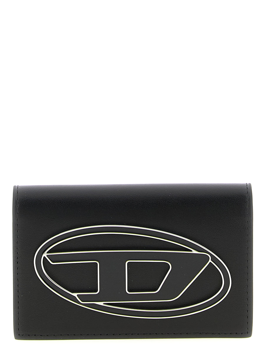 Diesel Holi-d Card Holder Minimalist Black Leather With Back Pocket Flap Closure For Women