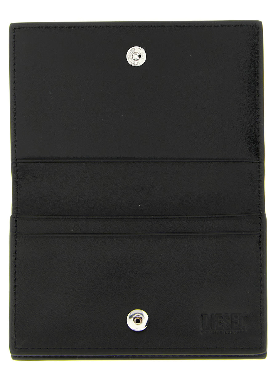 Diesel Holi-d Card Holder Minimalist Black Leather With Back Pocket Flap Closure For Women