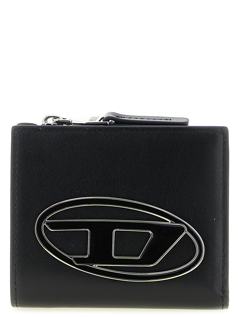 Diesel Bi Fold Zip L Wallet Leather Black For Women Compact Card Coin Back Zip Pocket Front D Plate
