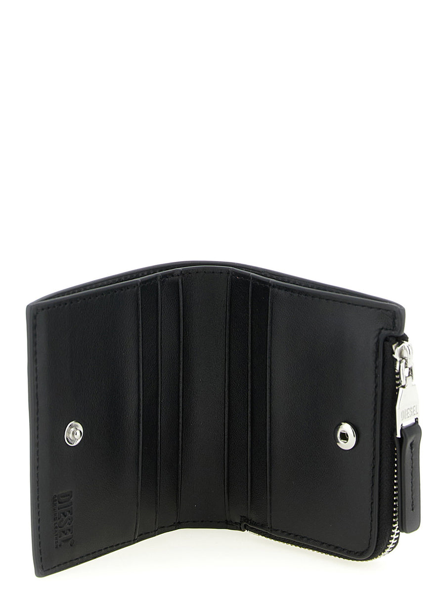 Diesel Bi Fold Zip L Wallet Leather Black For Women Compact Card Coin Back Zip Pocket Front D Plate