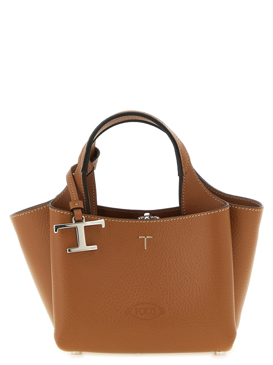 Tod's Micro Leather Handbag Brown Luxurious Calfskin Flared Silhouette With Dual Handles And Removable Strap For Women