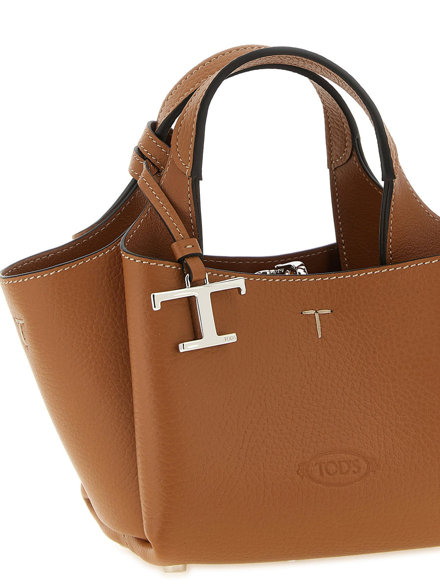 Tod's Micro Leather Handbag Brown Luxurious Calfskin Flared Silhouette With Dual Handles And Removable Strap For Women