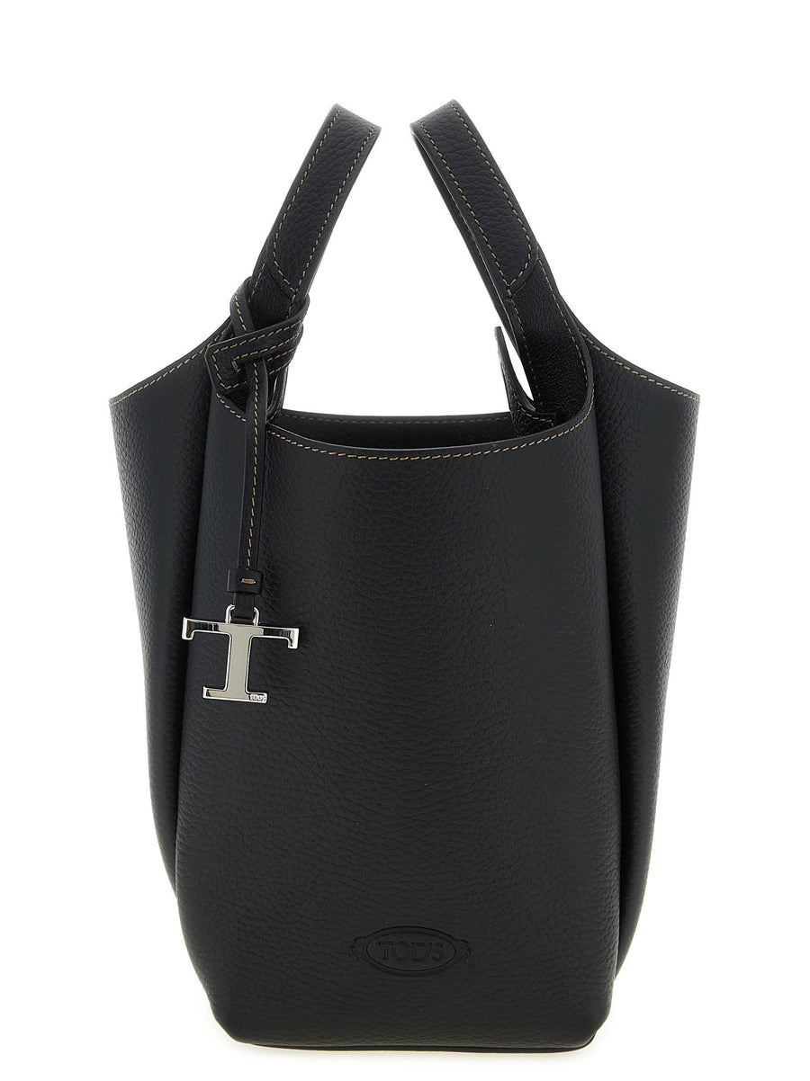 Tod's T Timeless Mini Bucket Bag For Women Black Calfskin Leather Deconstructed Silhouette Double Handle Eyelet Detail