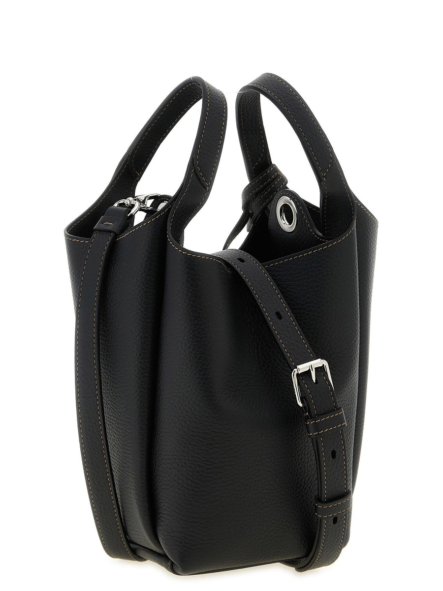 Tod's T Timeless Mini Bucket Bag For Women Black Calfskin Leather Deconstructed Silhouette Double Handle Eyelet Detail