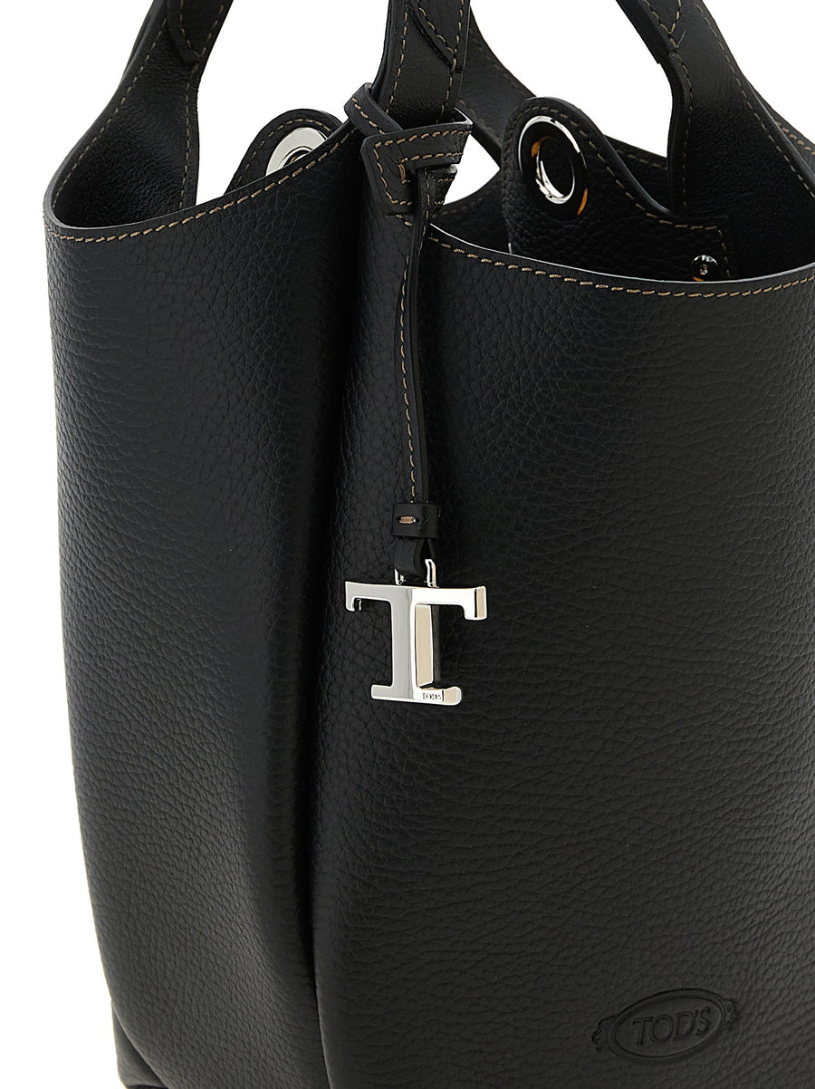 Tod's T Timeless Mini Bucket Bag For Women Black Calfskin Leather Deconstructed Silhouette Double Handle Eyelet Detail