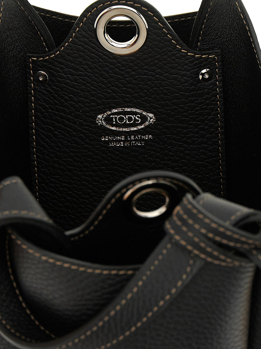 Tod's T Timeless Mini Bucket Bag For Women Black Calfskin Leather Deconstructed Silhouette Double Handle Eyelet Detail