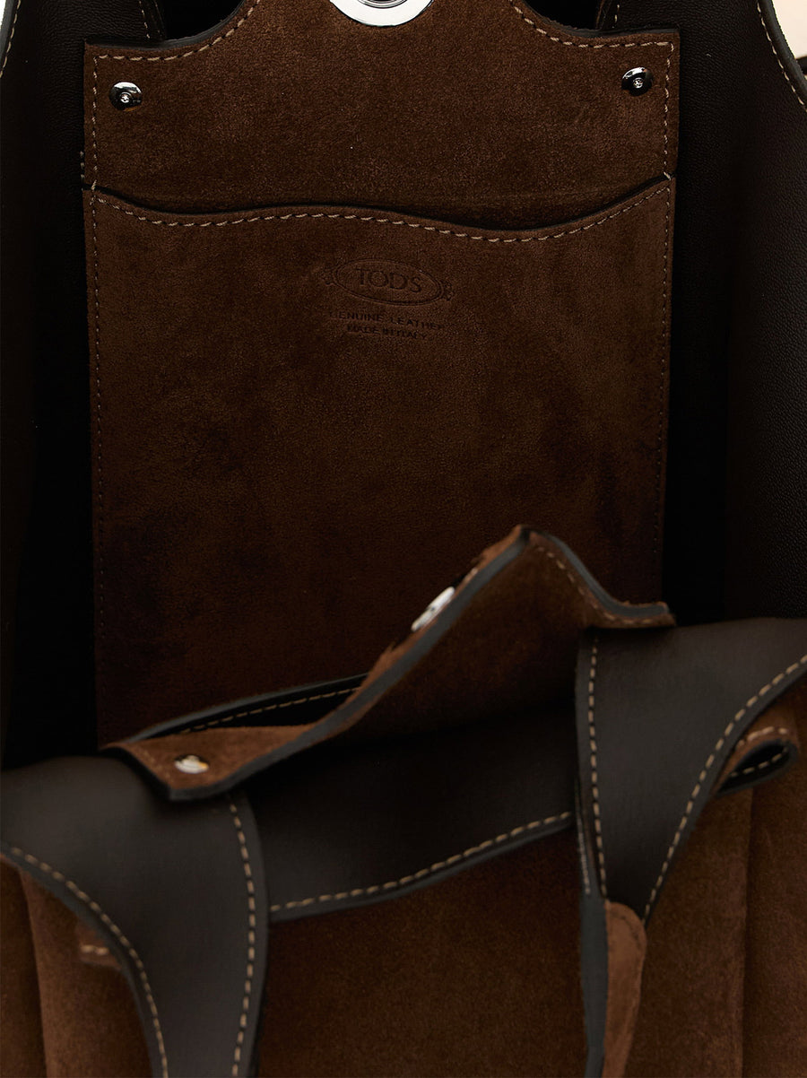 Tod's Secchiello Small Bucket Bag Brown Suede Calfskin Leather T Pendant